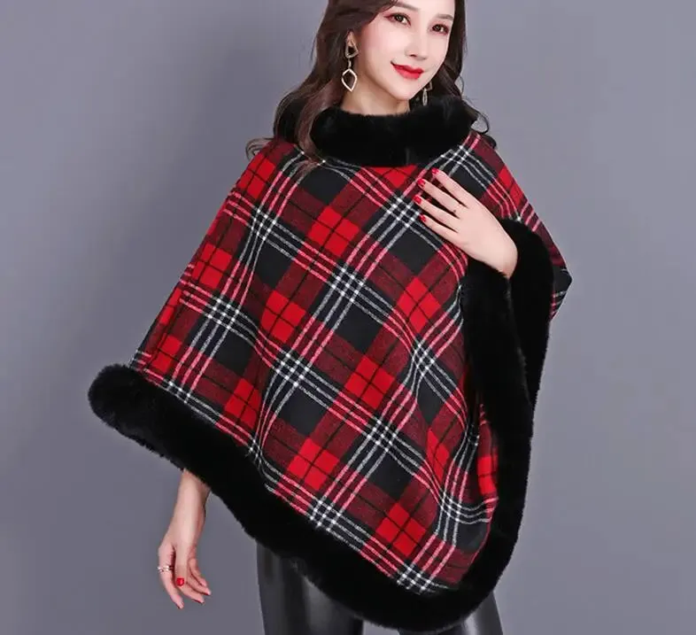 Striped Plaid Poncho Winter Faux Fur Street Wear Triangle Fur Neck Pullover Cloak