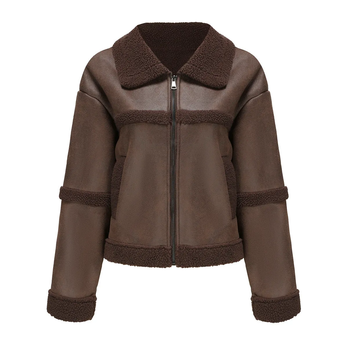 Suede Women's Fashionable Warm Fleece Leather Jacket