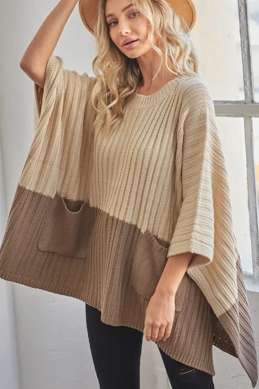 Sweater Poncho with Pockets - Natural and Taupe