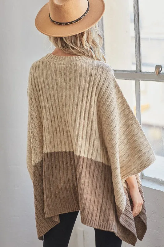 Sweater Poncho with Pockets - Natural and Taupe