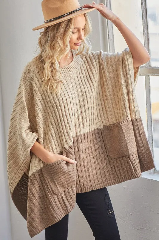 Sweater Poncho with Pockets - Natural and Taupe