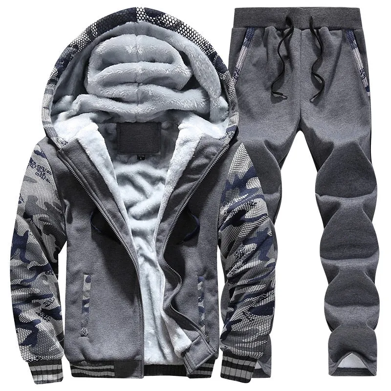 Tracksuit Men Sporting Fleece Thick Hooded Mens Jacket Pant Warm Fur Inside Winter Sweatshirt Sets Men's Clothing Size M-5XL