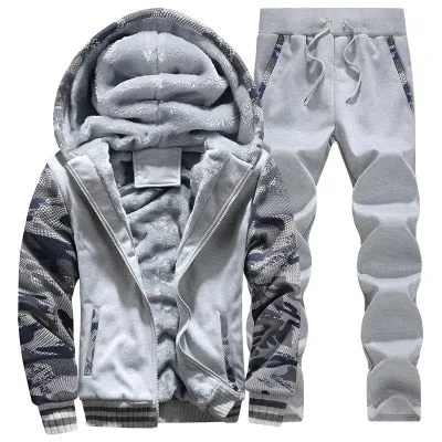 Tracksuit Men Sporting Fleece Thick Hooded Mens Jacket Pant Warm Fur Inside Winter Sweatshirt Sets Men's Clothing Size M-5XL