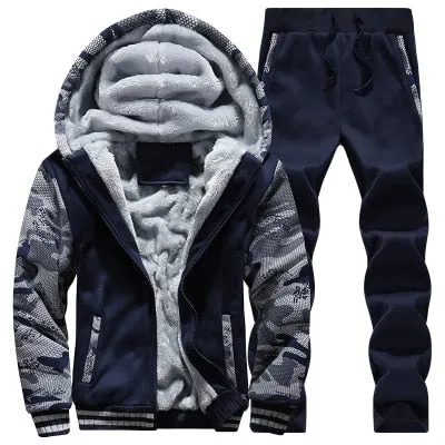 Tracksuit Men Sporting Fleece Thick Hooded Mens Jacket Pant Warm Fur Inside Winter Sweatshirt Sets Men's Clothing Size M-5XL