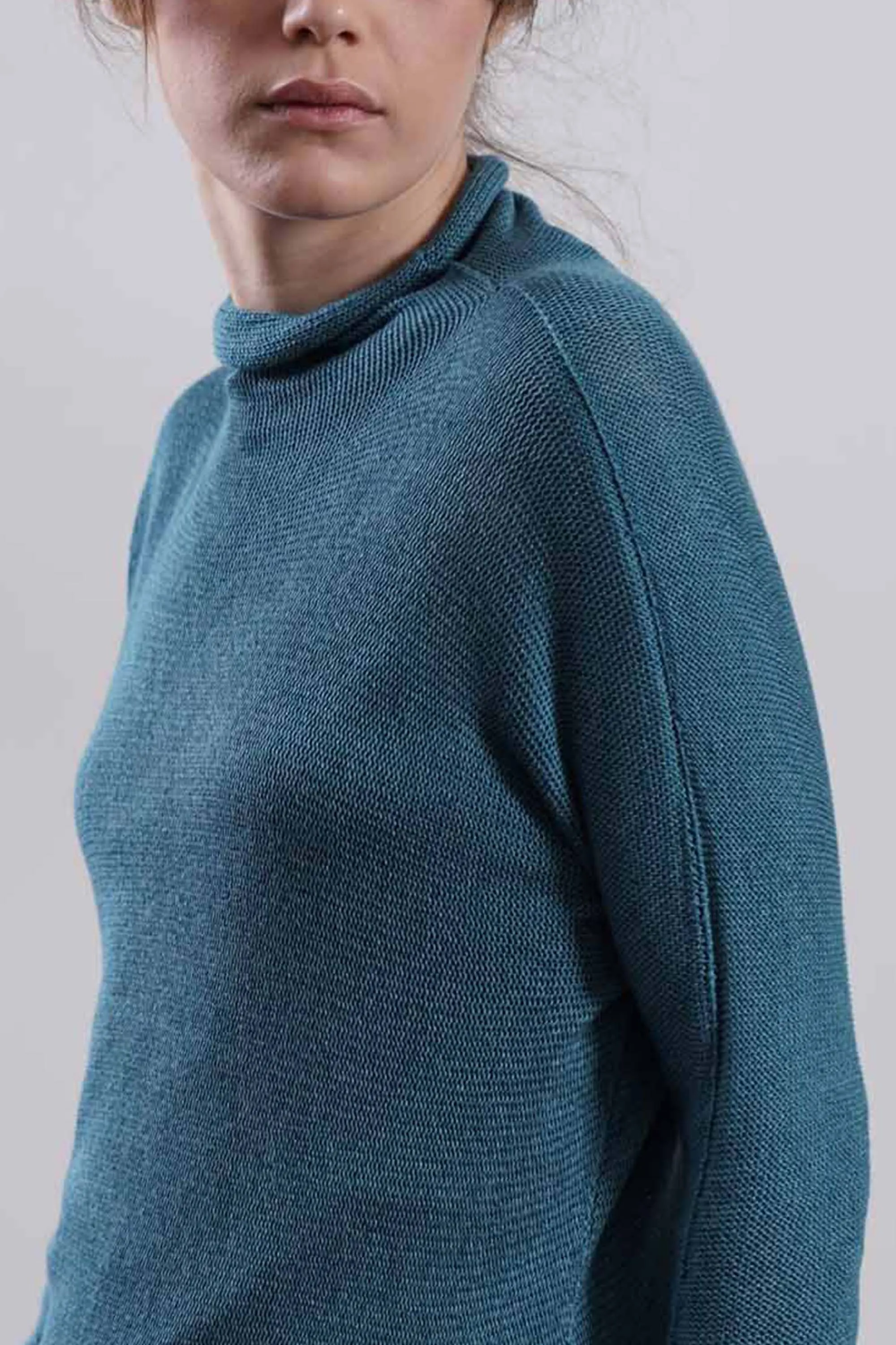 Turquoise Turtleneck Baraka knitted Bamboo shirt with Long Sleeves