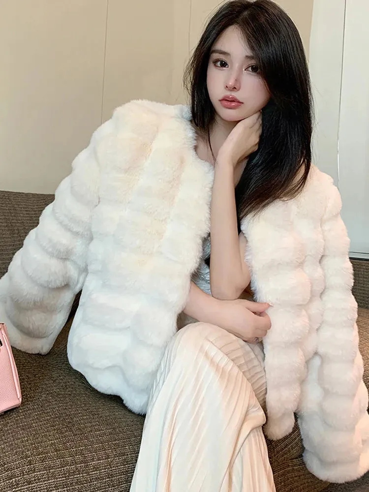 Uniwim 2024 Fashion Imitation Rabbit 'S Hair Coat Women Winter Warm Luxury Fur Jacket Plus Size Outwear Female Vest Coats Beige