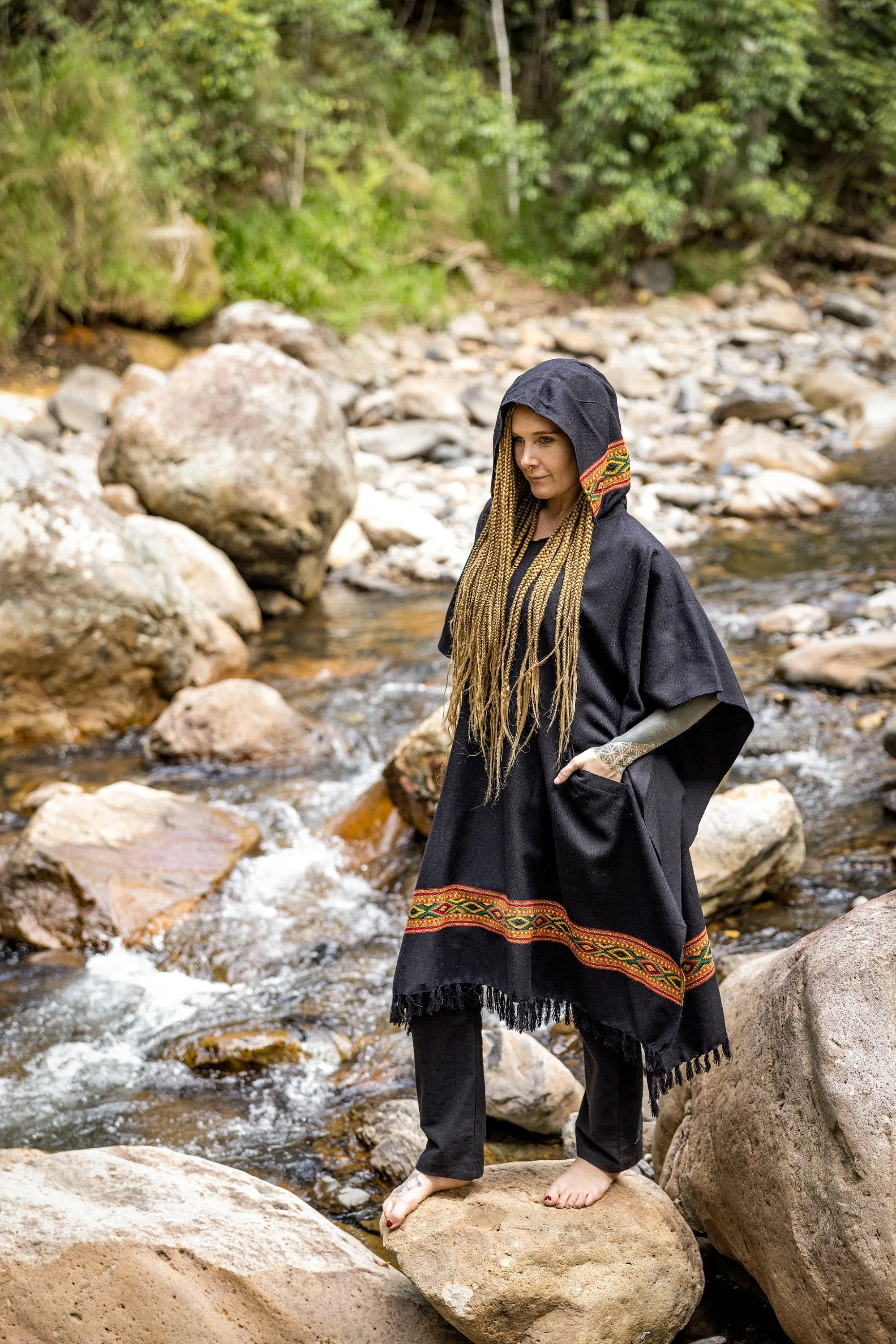 UPEKKHA Womens Black Hooded Poncho Long Cashmere and Acrylic Wool with Tribal Embroidery Large Hood, Pockets Hippie Primitive Boho AJJAYA