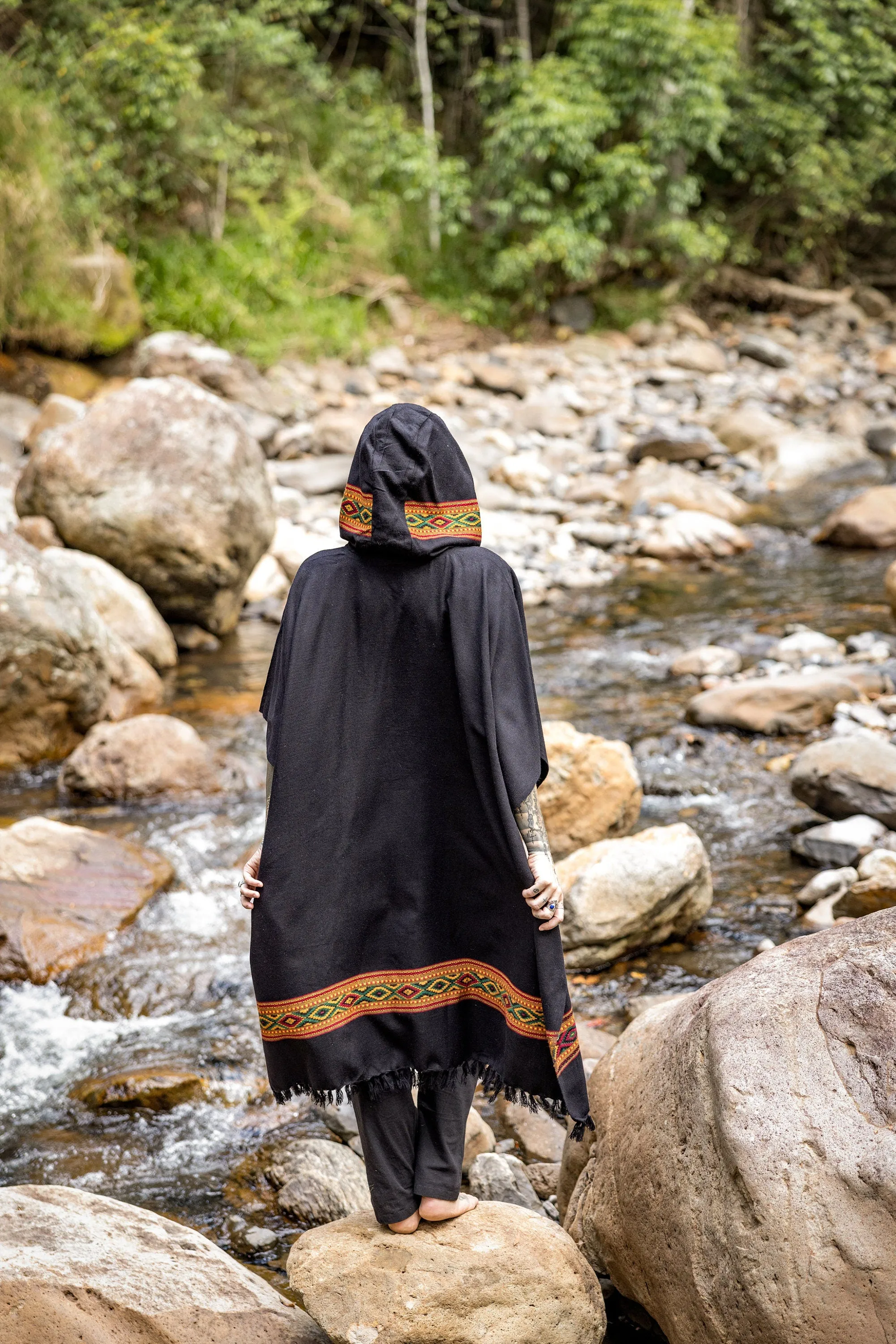 UPEKKHA Womens Black Hooded Poncho Long Cashmere and Acrylic Wool with Tribal Embroidery Large Hood, Pockets Hippie Primitive Boho AJJAYA