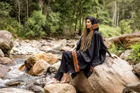 UPEKKHA Womens Black Hooded Poncho Long Cashmere and Acrylic Wool with Tribal Embroidery Large Hood, Pockets Hippie Primitive Boho AJJAYA