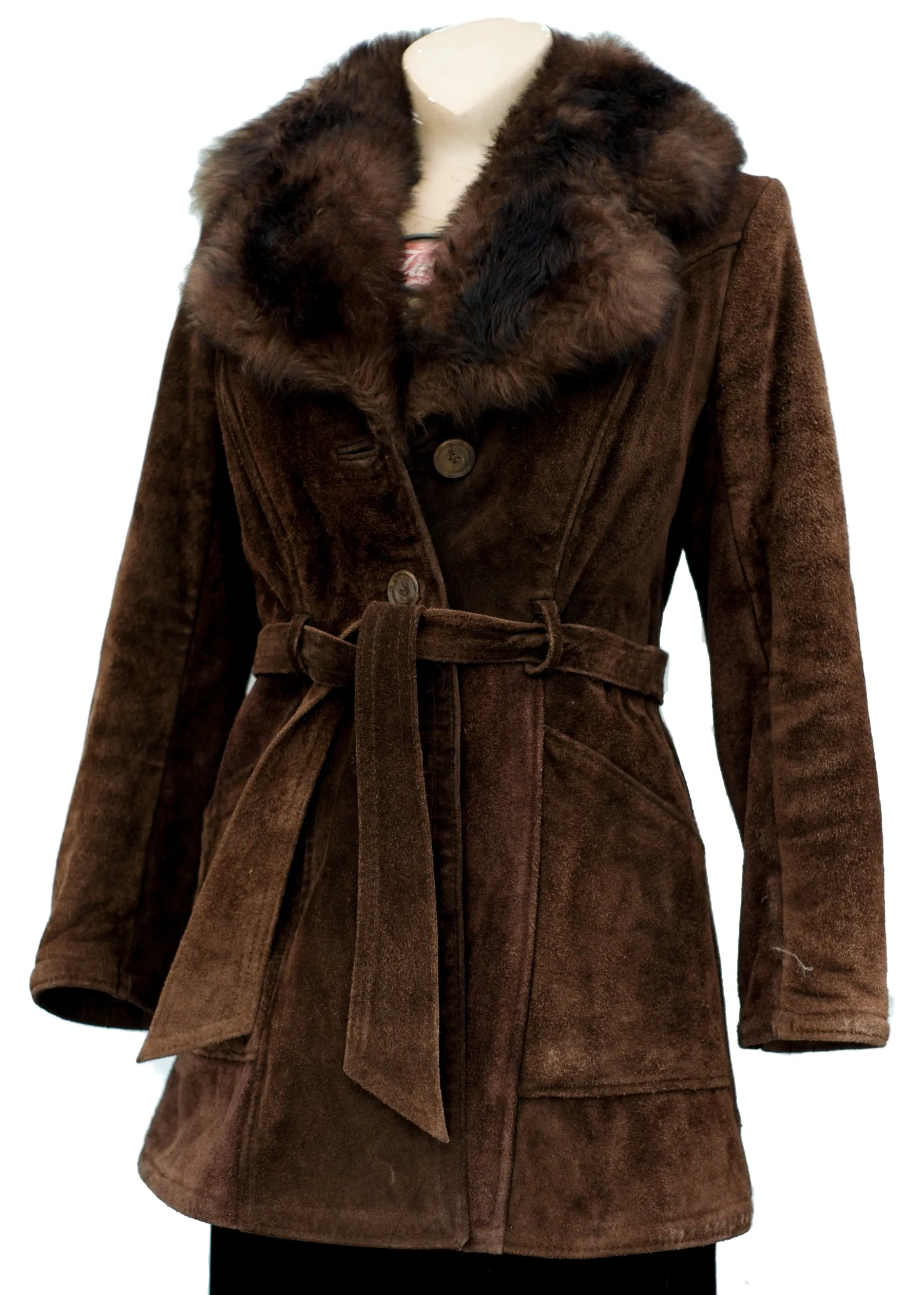 Vintage 70s Brown Suede Penny Lane Coat • Faux Fur Collar