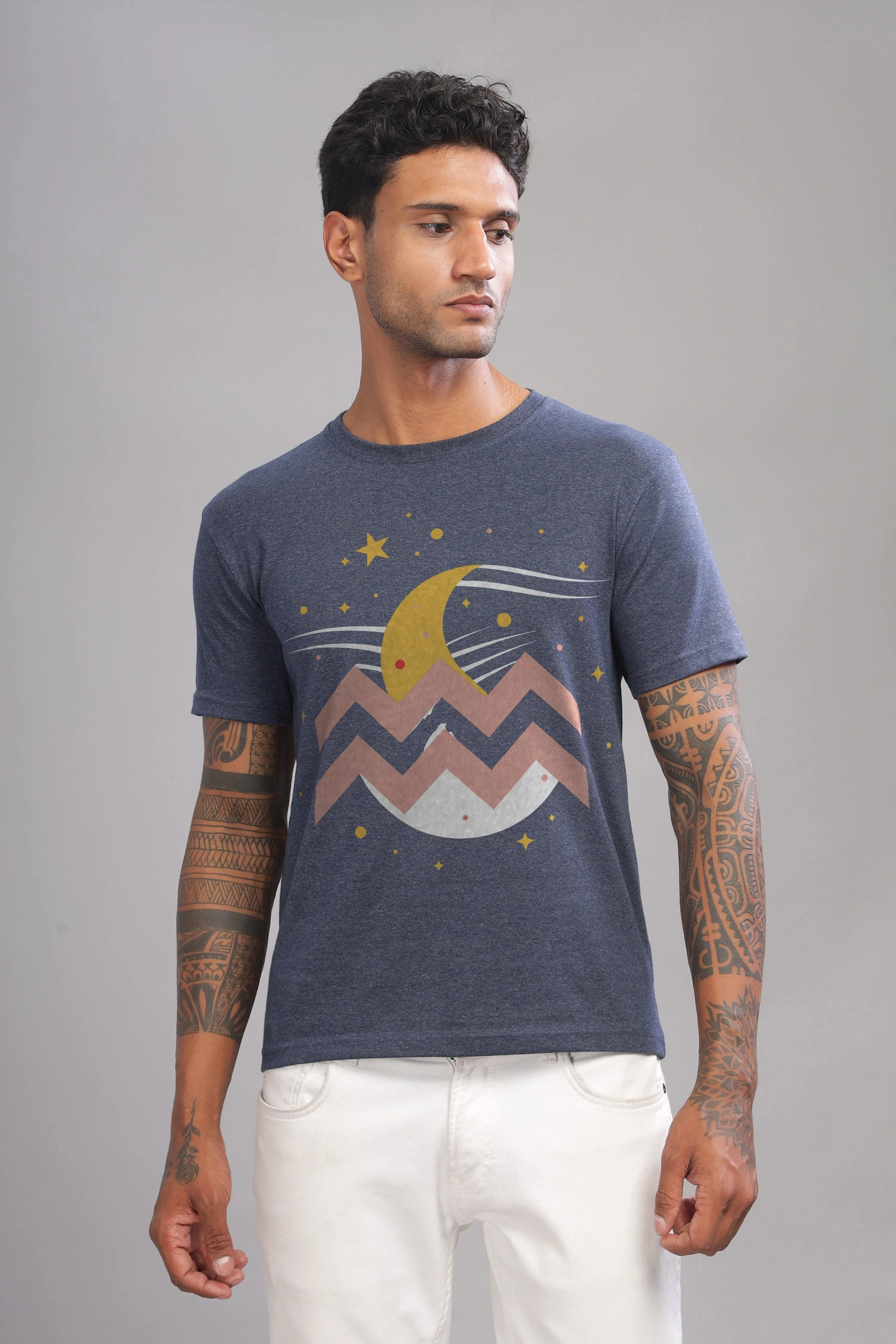 Waves of Aquarius Denim Blue Half Sleeve Printed Round Neck T-Shirt