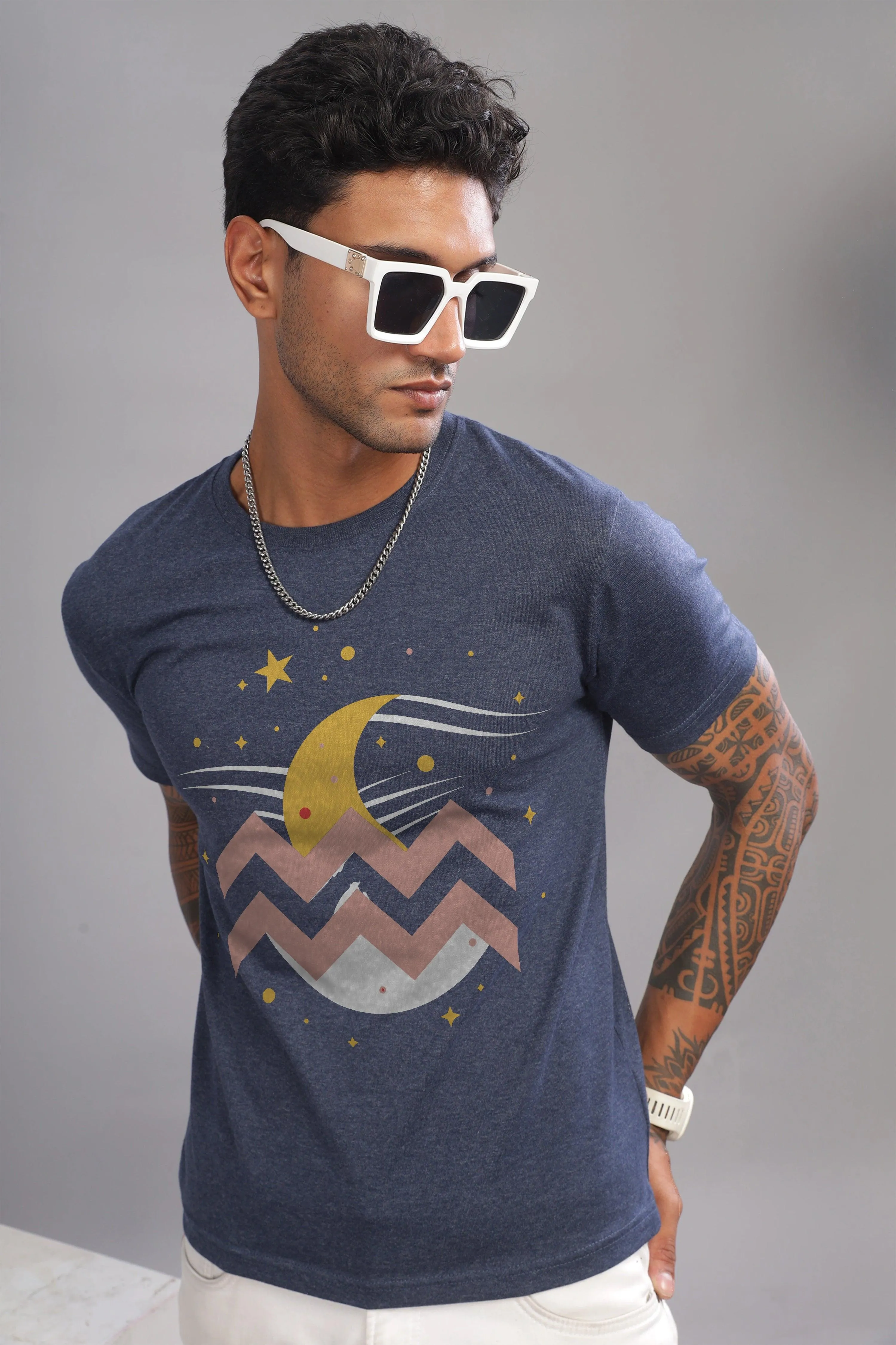 Waves of Aquarius Denim Blue Half Sleeve Printed Round Neck T-Shirt