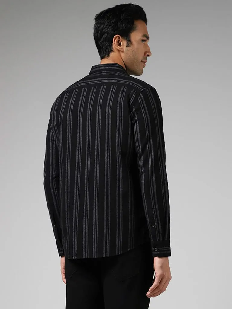 WES Casuals Black Striped Cotton Slim-Fit Shirt