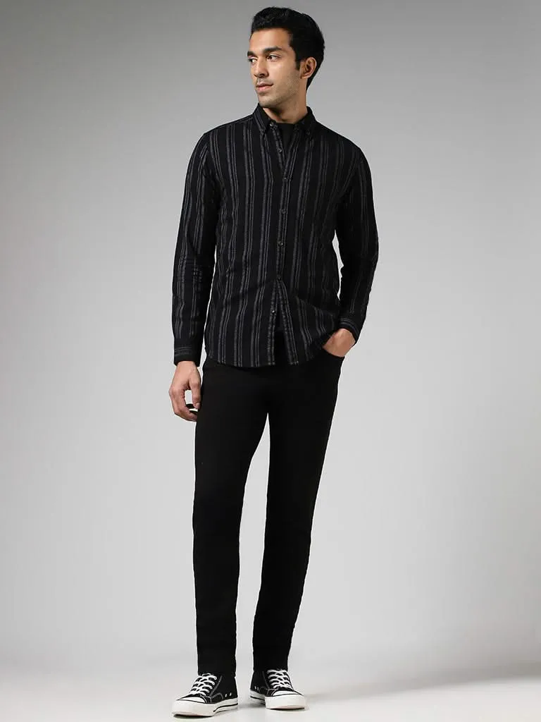 WES Casuals Black Striped Cotton Slim-Fit Shirt