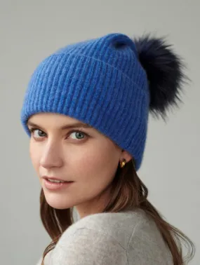 White   Warren - Cashmere Turnback Ribbed Beanie with Pom in Aegean Blue/Navy