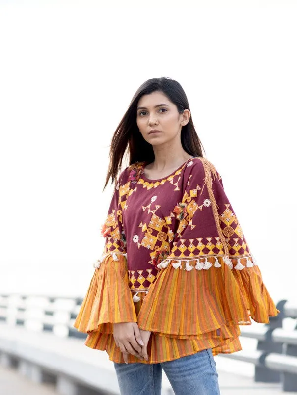 Wine & Mustard Snowflake Stripe Frilled Khadi Poncho