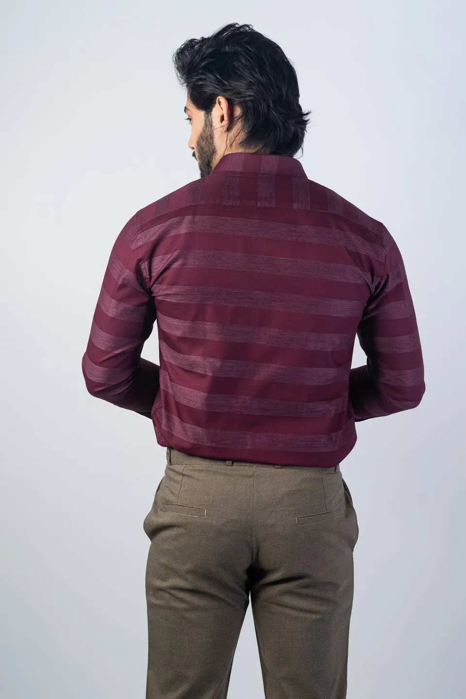 Wine Red Color Cotton Stripe Shirt For Men