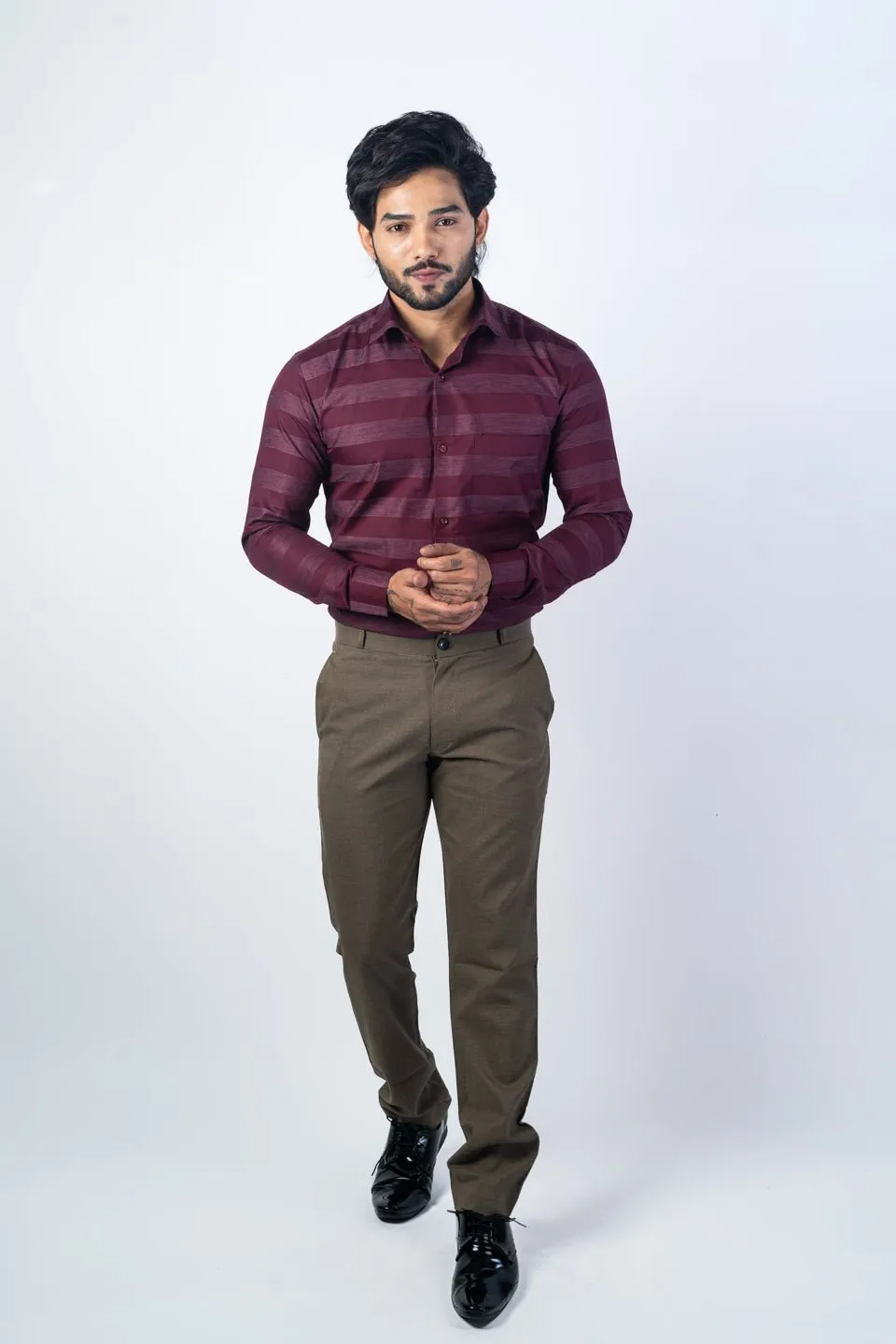 Wine Red Color Cotton Stripe Shirt For Men