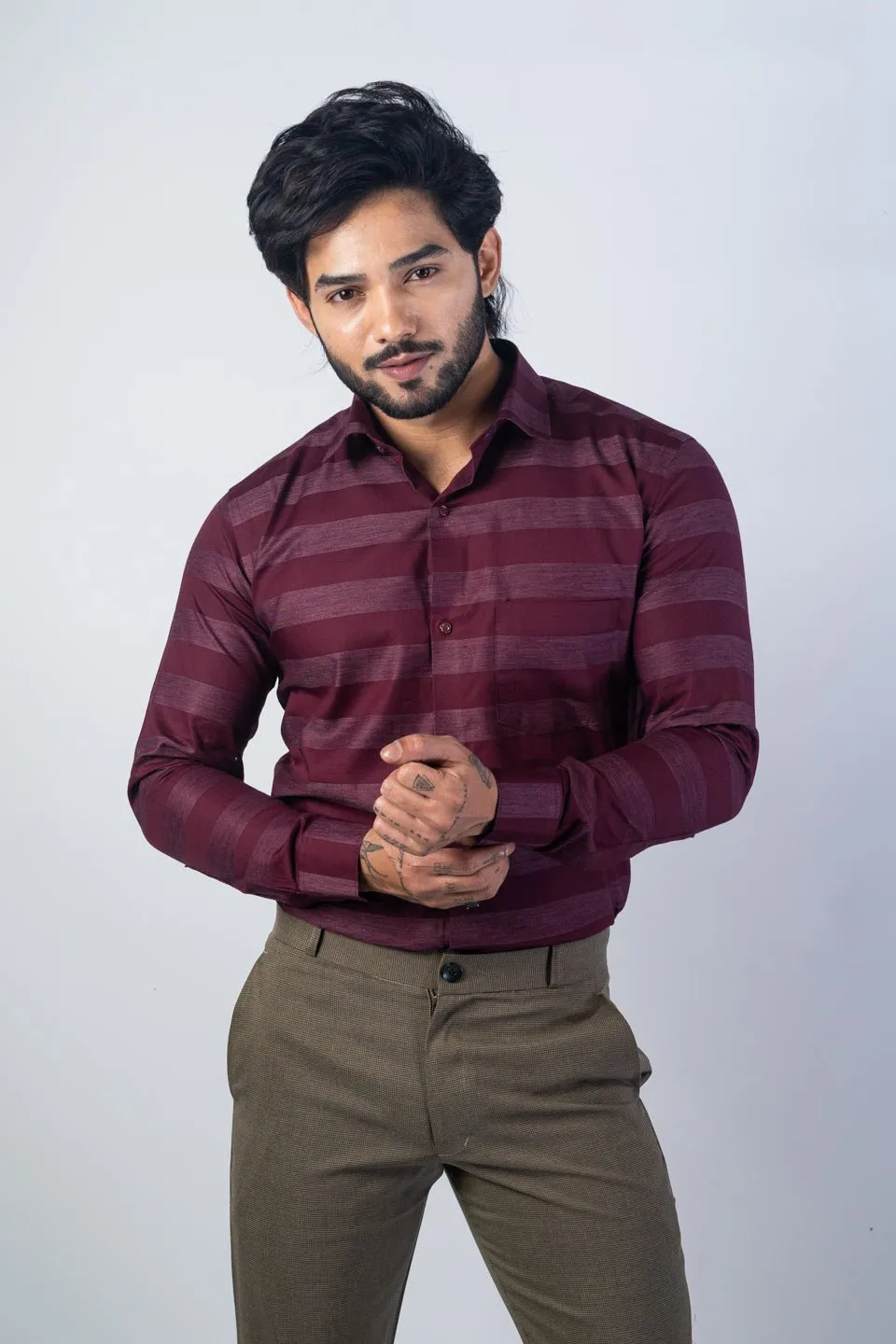 Wine Red Color Cotton Stripe Shirt For Men