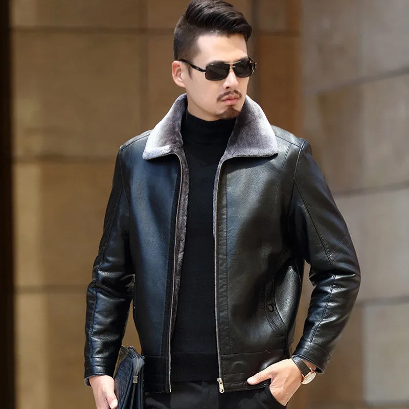 Winter Thick Black Casual PU Leather Warm Fleece Men Jacket