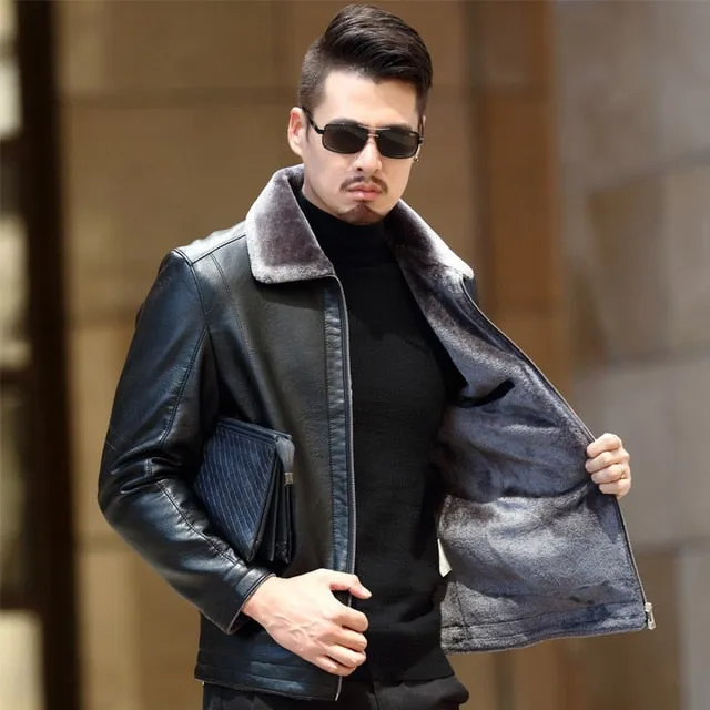 Winter Thick Black Casual PU Leather Warm Fleece Men Jacket