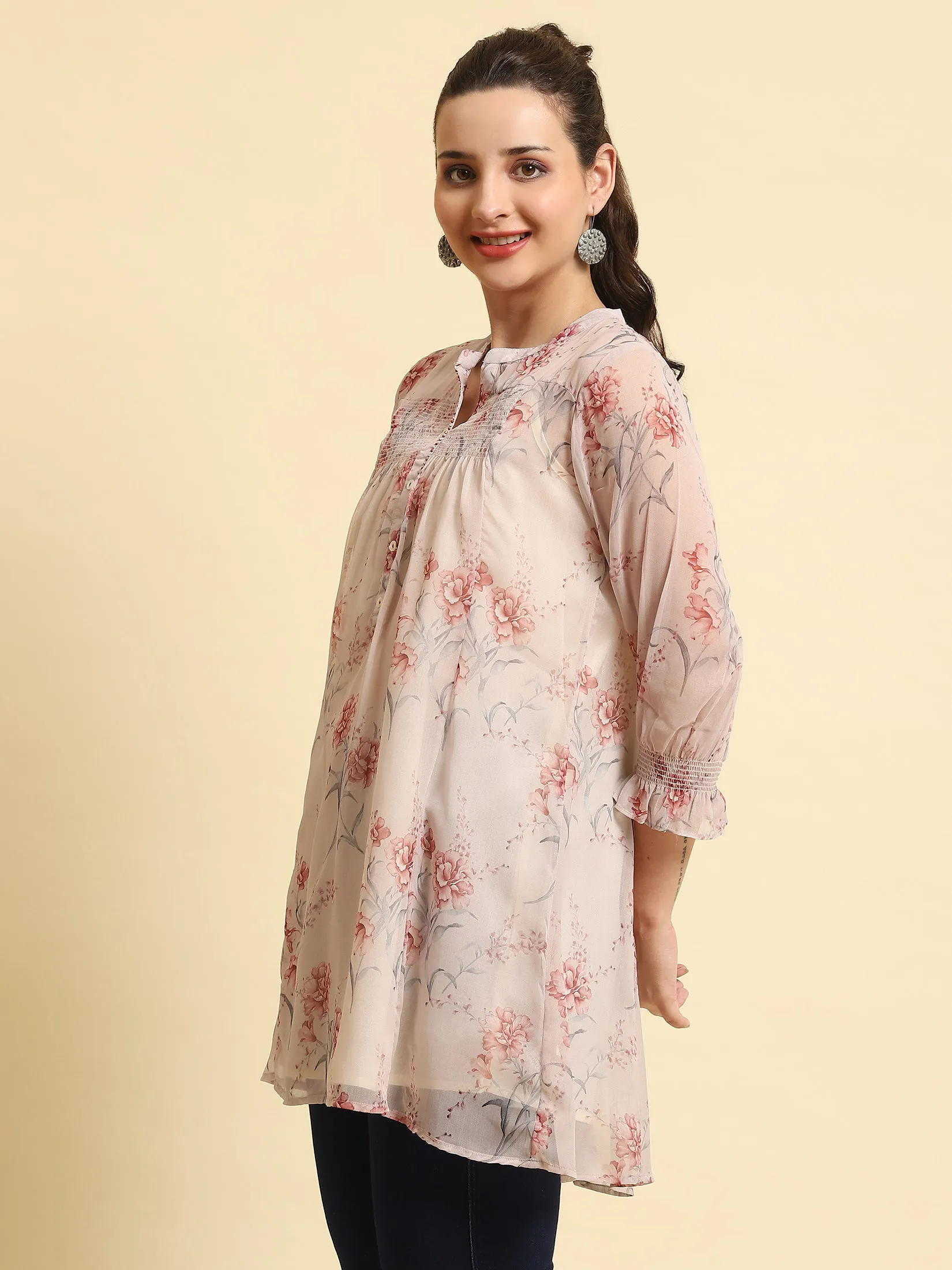 Women Baby Pink Floral Printed Tunic