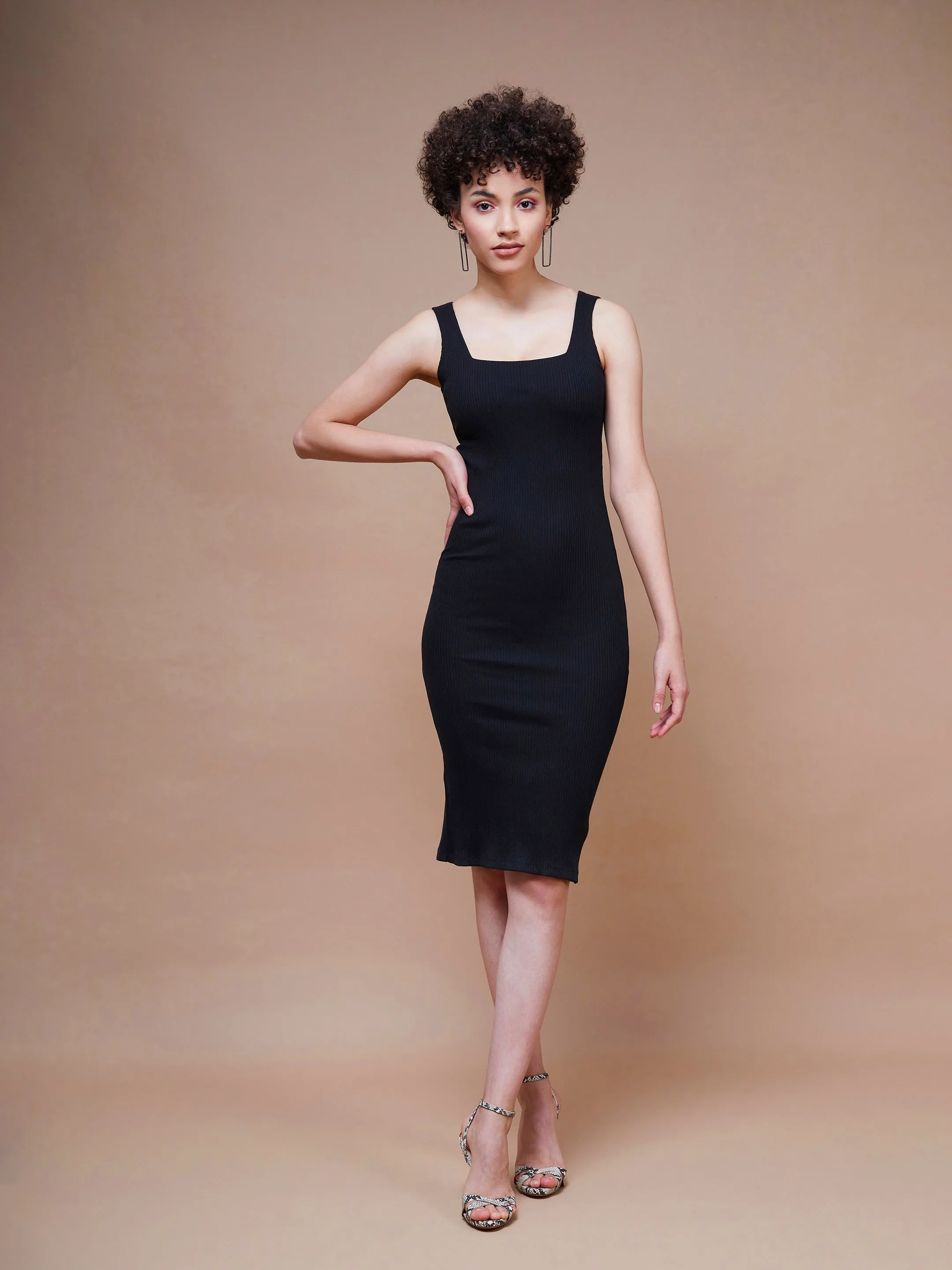 Women Black Rib Square Neck Midi Dress