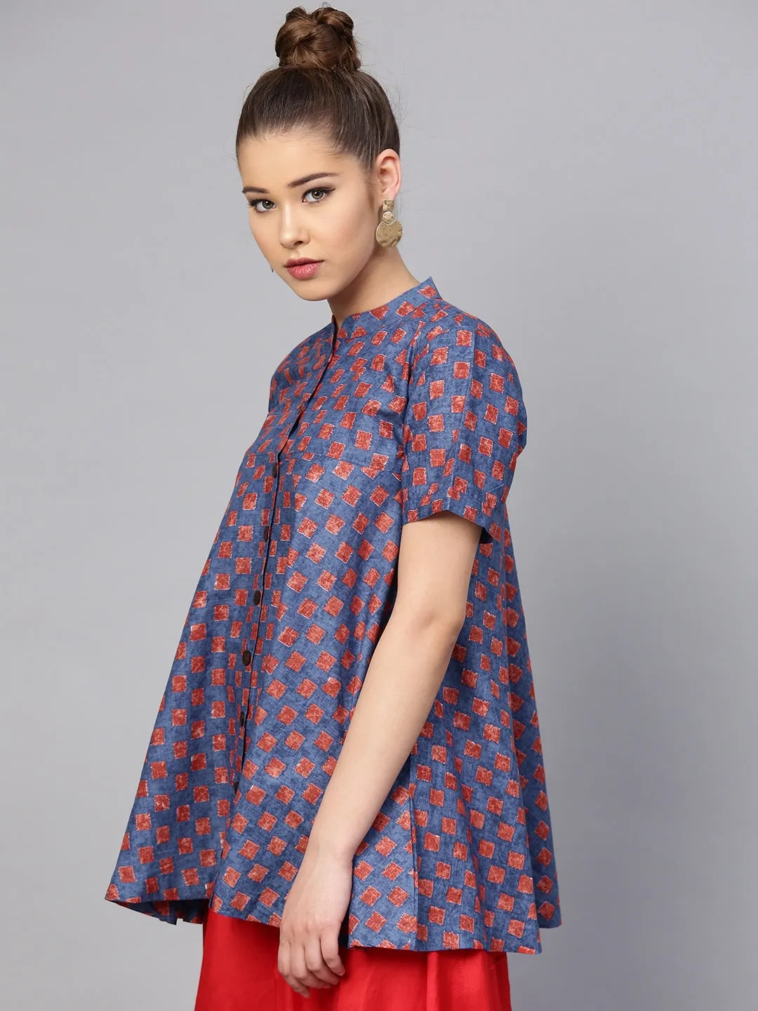 Women Blue & Red Printed Tunic