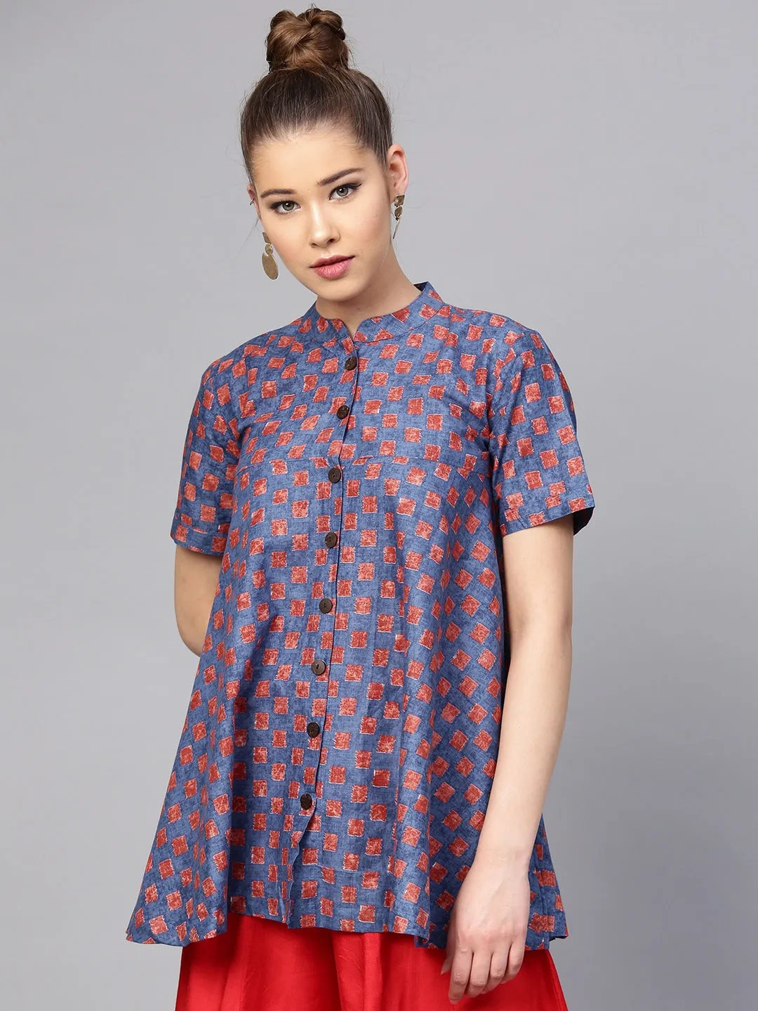 Women Blue & Red Printed Tunic