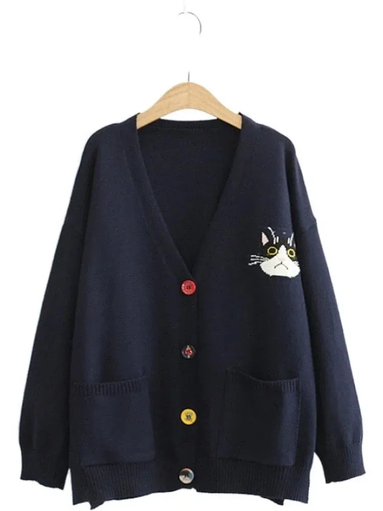 Women Cardigans Cartoon Cat Embroidery Casual Knitted Sweater Winter Long Sleeve V-neck Multicolor Button Preppy Style Top