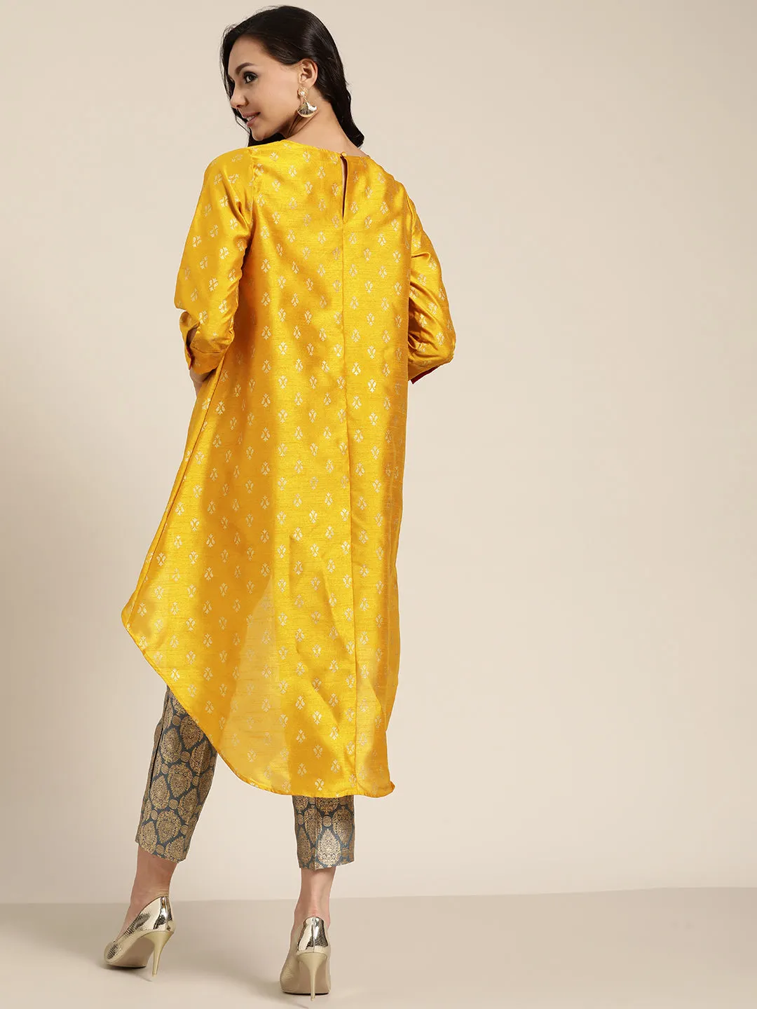 Women Mustard Foil Print High Low Tunic