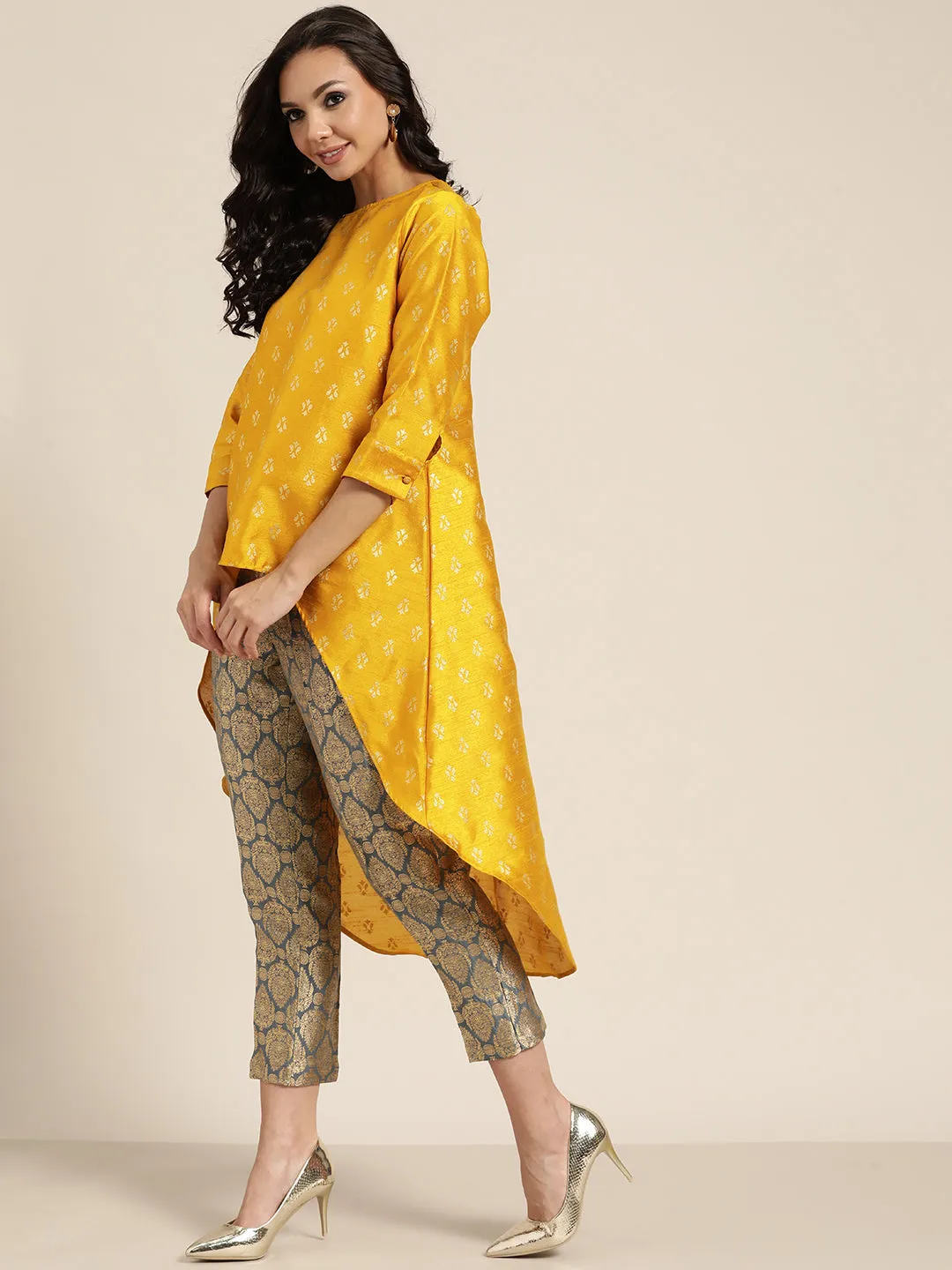 Women Mustard Foil Print High Low Tunic