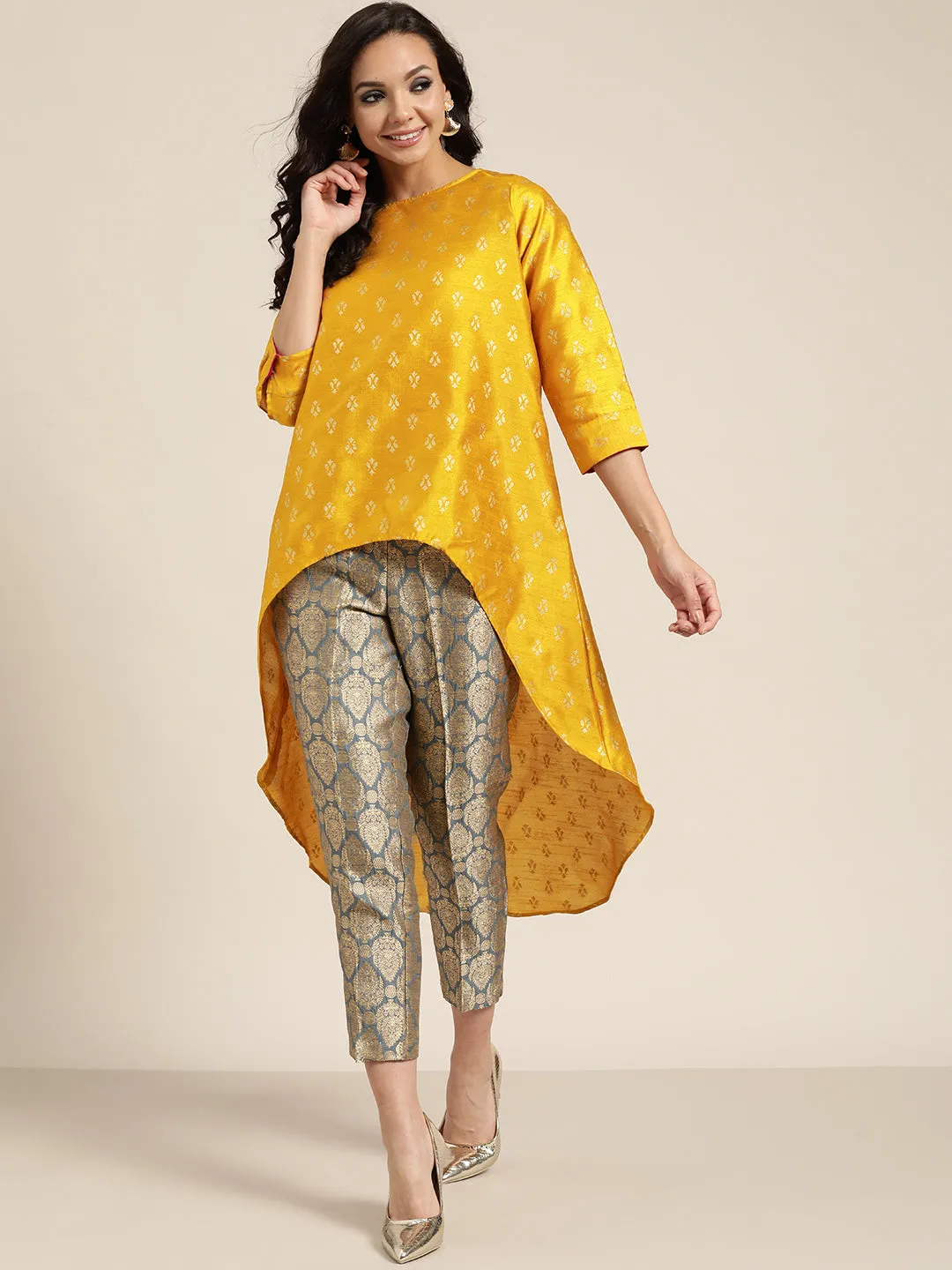 Women Mustard Foil Print High Low Tunic