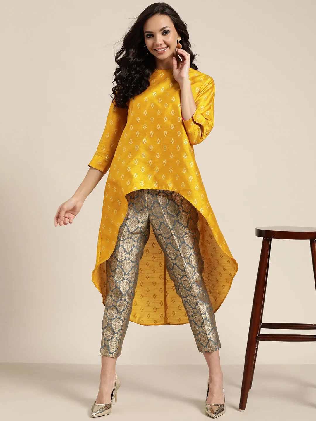 Women Mustard Foil Print High Low Tunic