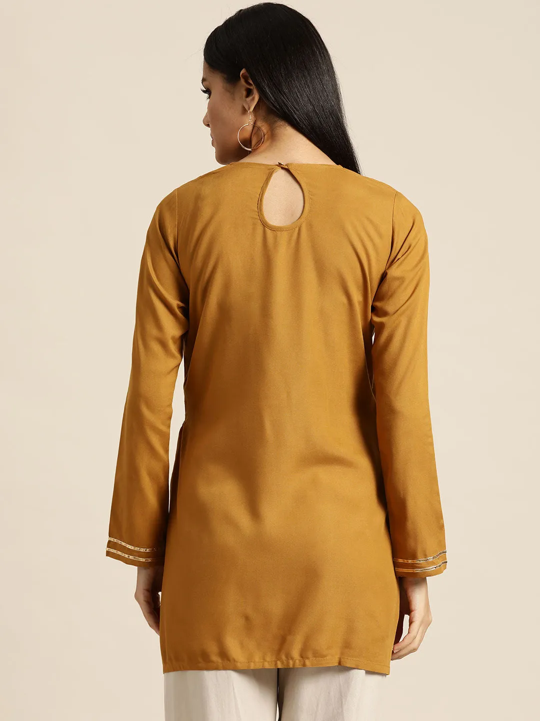 Women Mustard Zari Embroidered Liva Top