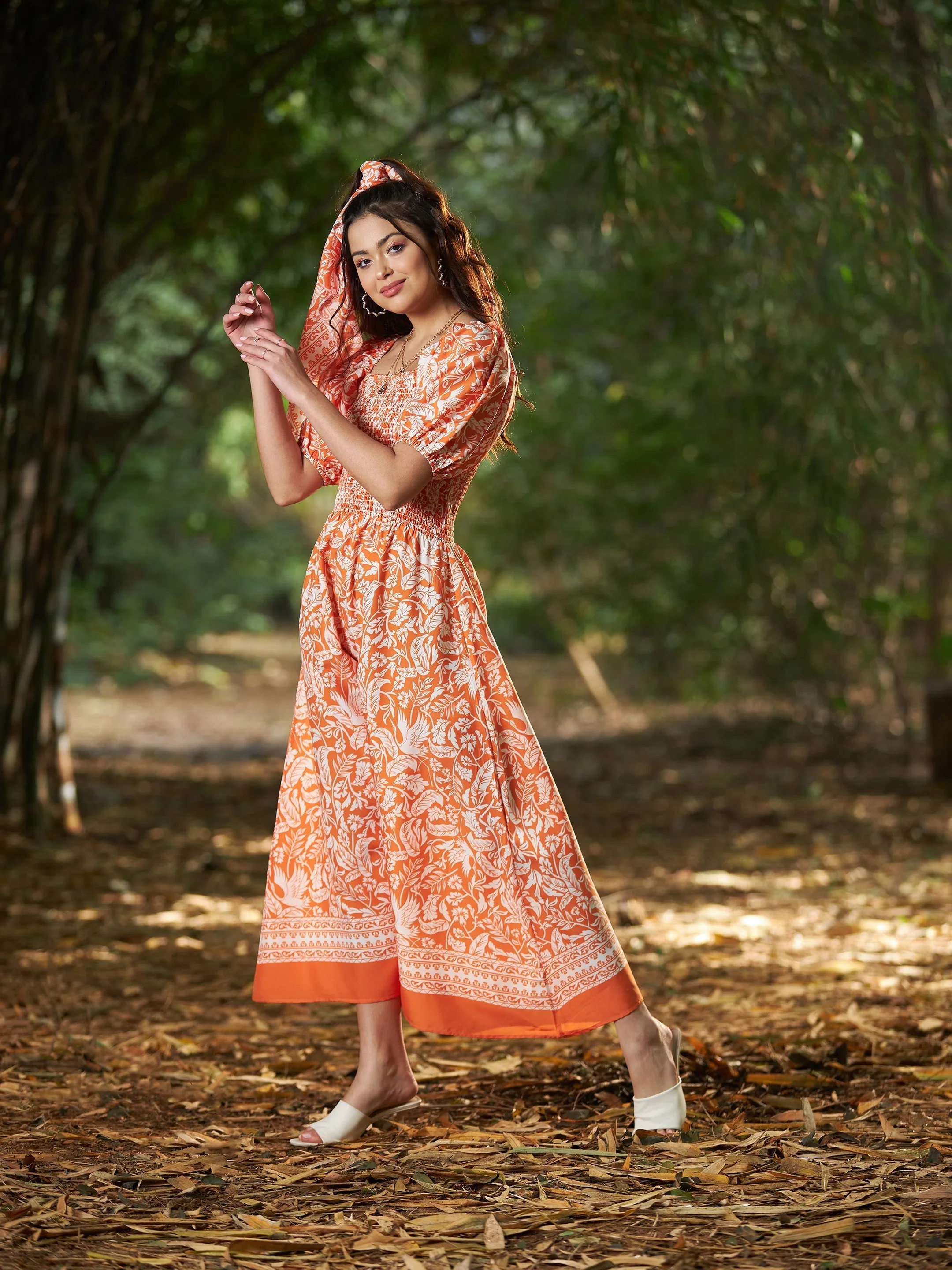 Women Orange Floral Puff Sleeve A-Line Midi Dress