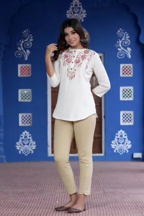 Women White Embroidered Tunic