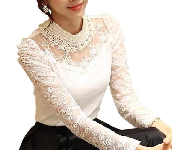 Women's Floral Lace Blouse Overlay Turtleneck Long Sleeve Sheer Party Tops