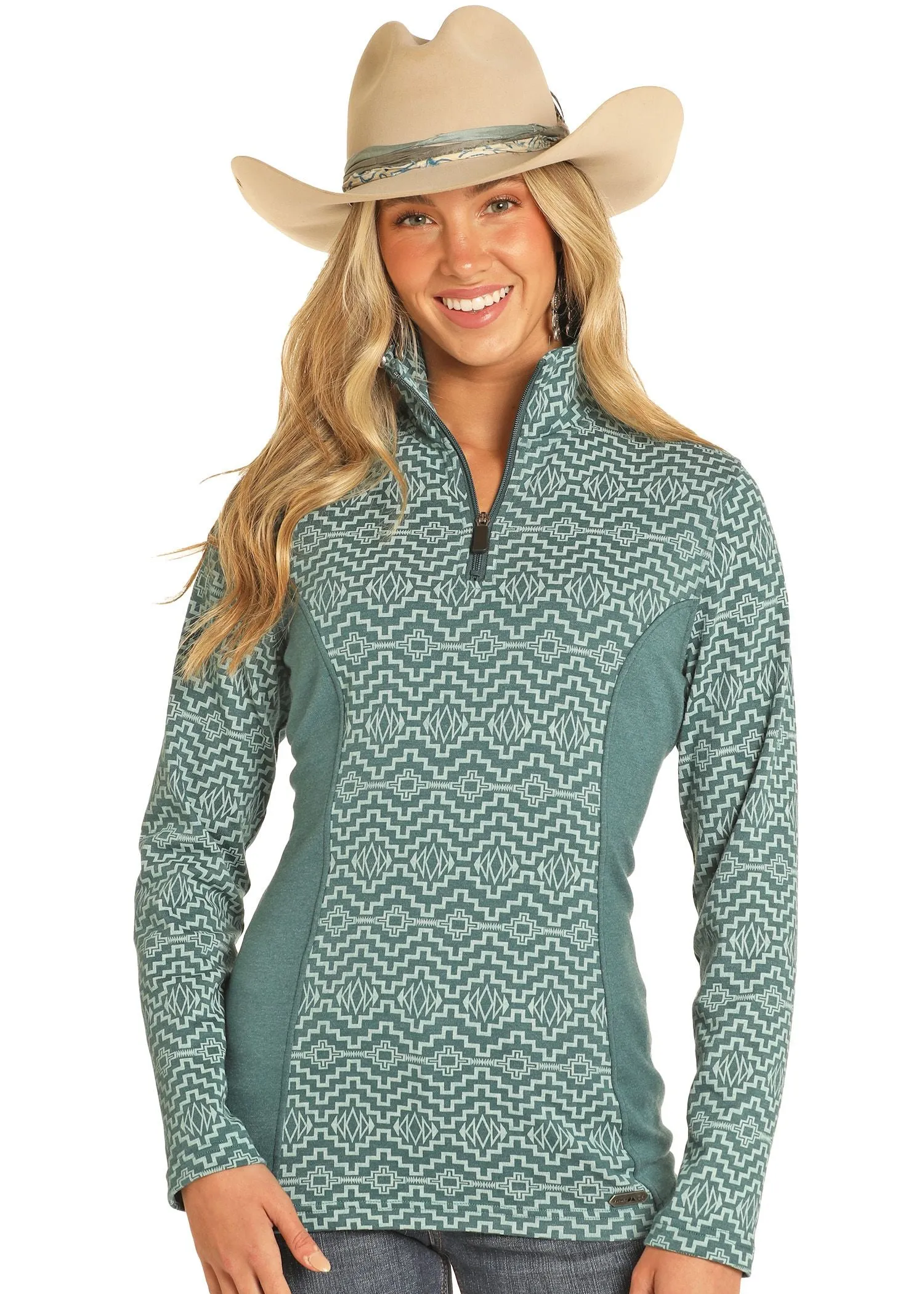 Women's Powder River Teal Aztec Henley 1/4 Zip Pullover