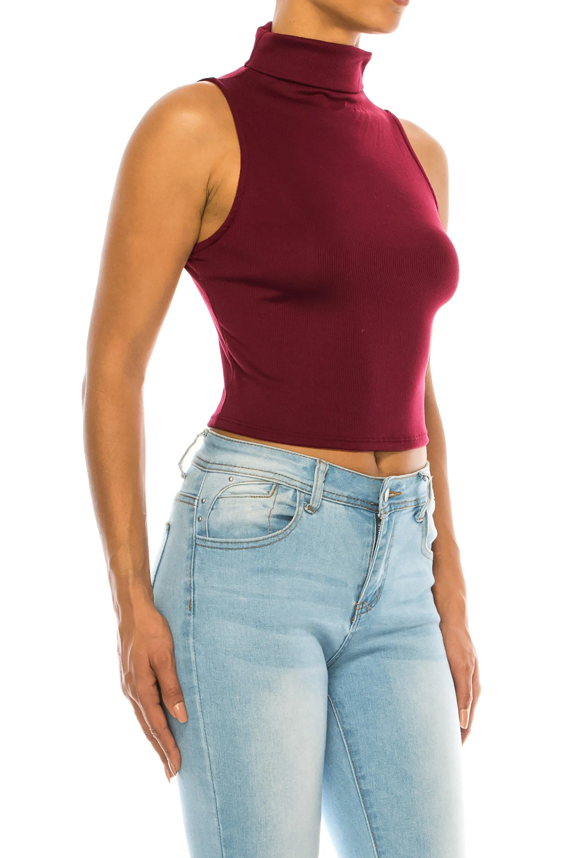 Women's Ribbed Sleeveless High Turtleneck Fitted Knit Crop Tank Top