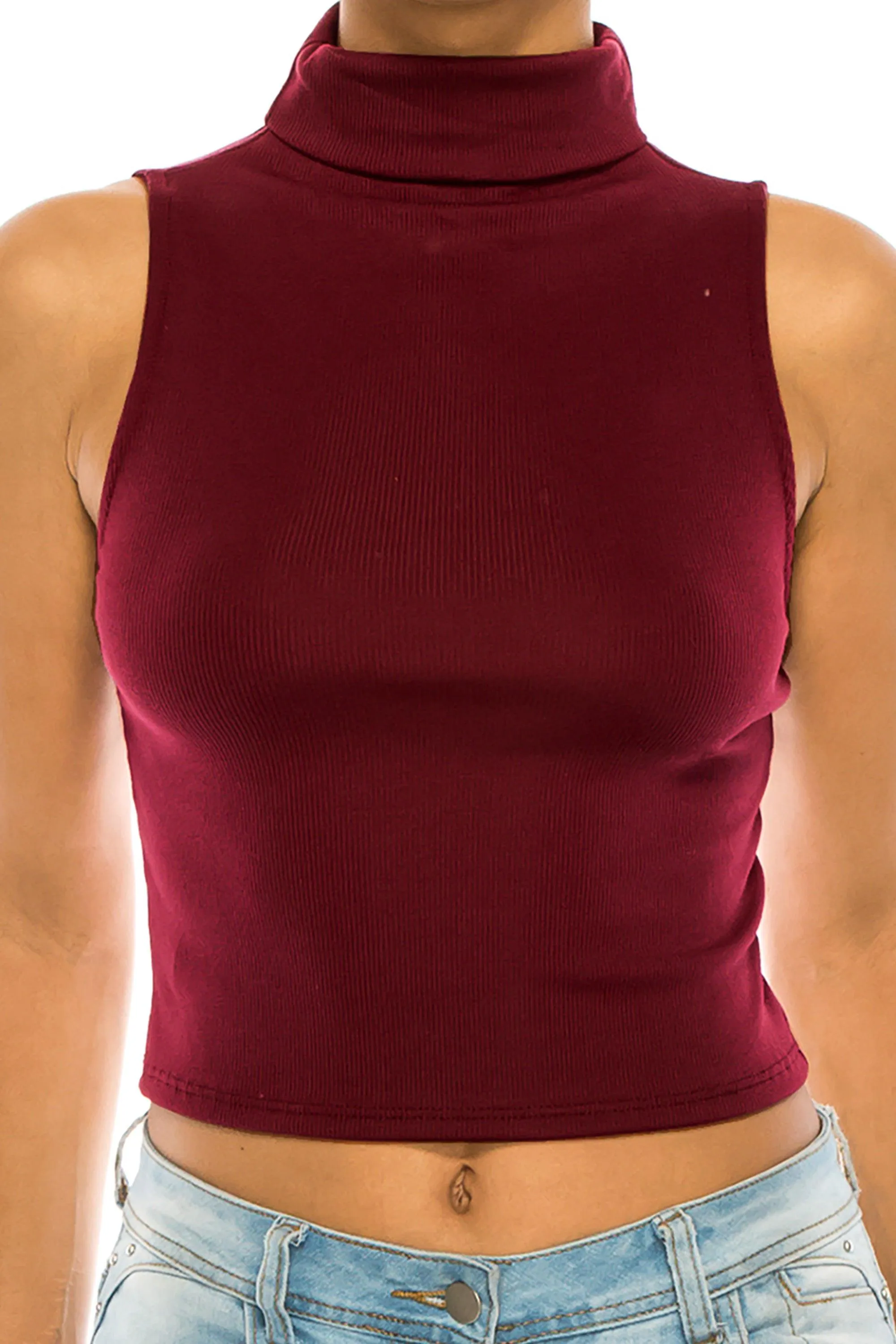 Women's Ribbed Sleeveless High Turtleneck Fitted Knit Crop Tank Top