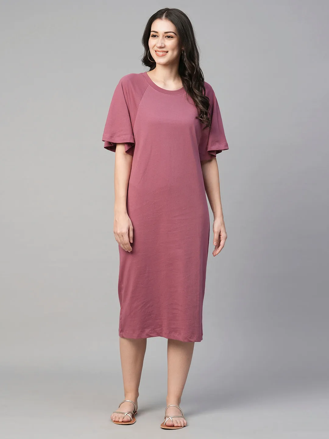 Women's Wine Cotton Loose Fit Knit Dress