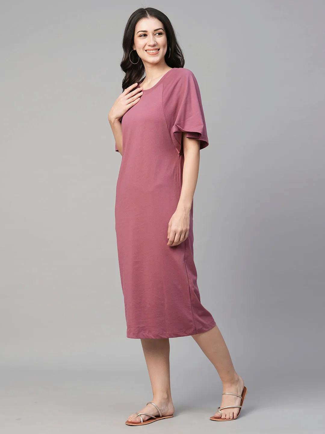 Women's Wine Cotton Loose Fit Knit Dress