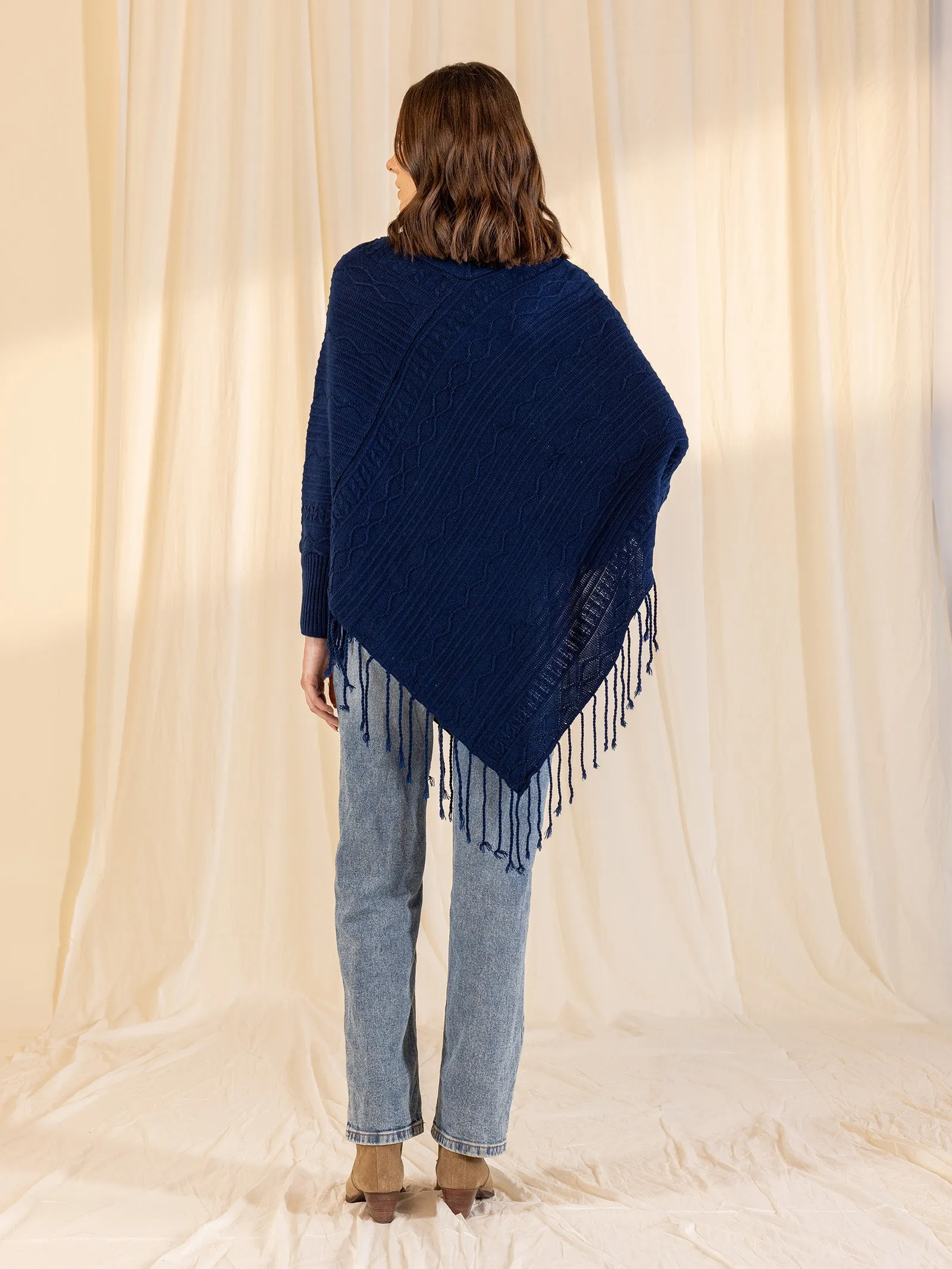 Woolen Cowl Neck Poncho - Ink Blue