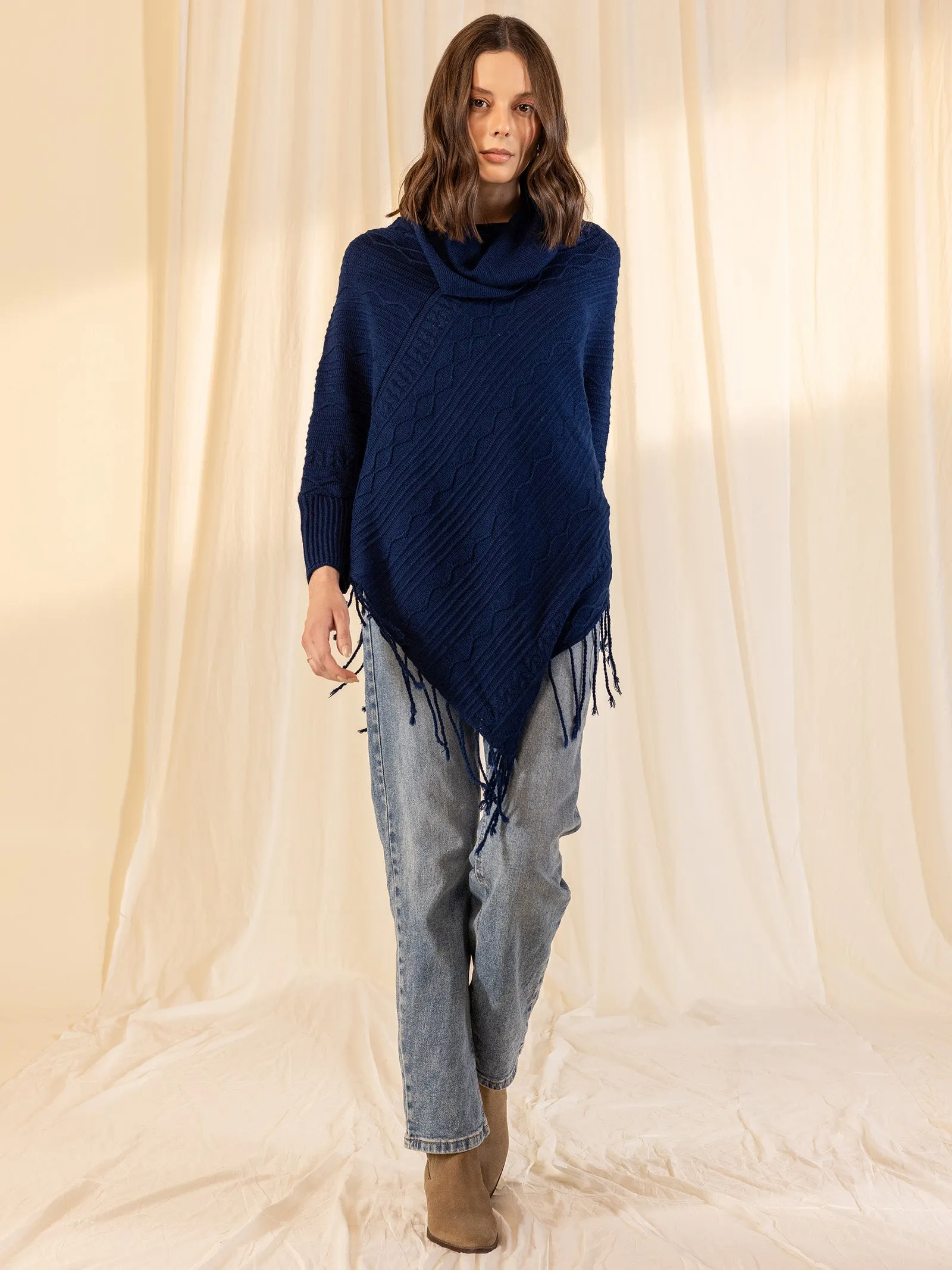 Woolen Cowl Neck Poncho - Ink Blue