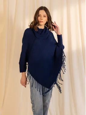 Woolen Cowl Neck Poncho - Ink Blue