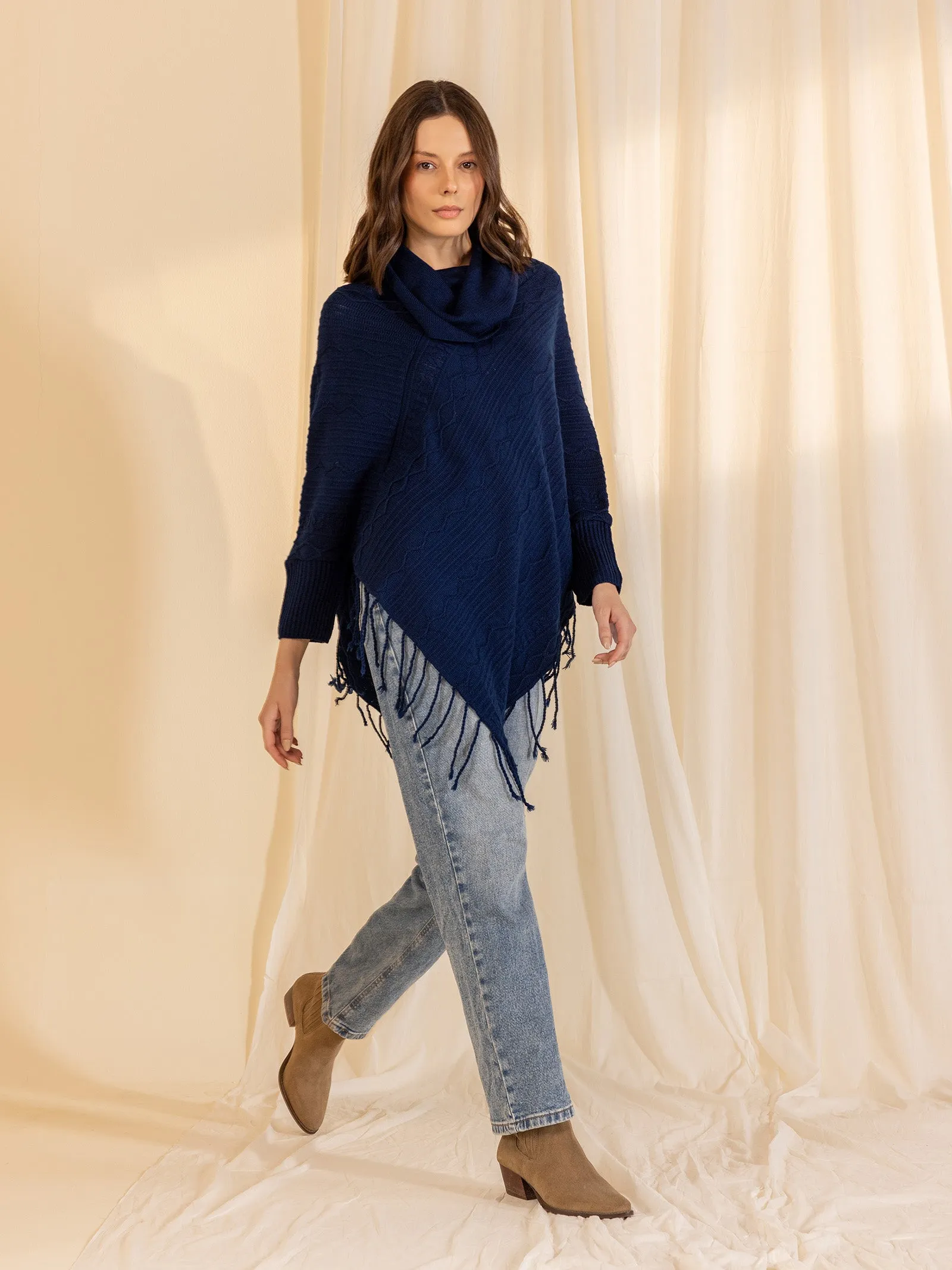 Woolen Cowl Neck Poncho - Ink Blue