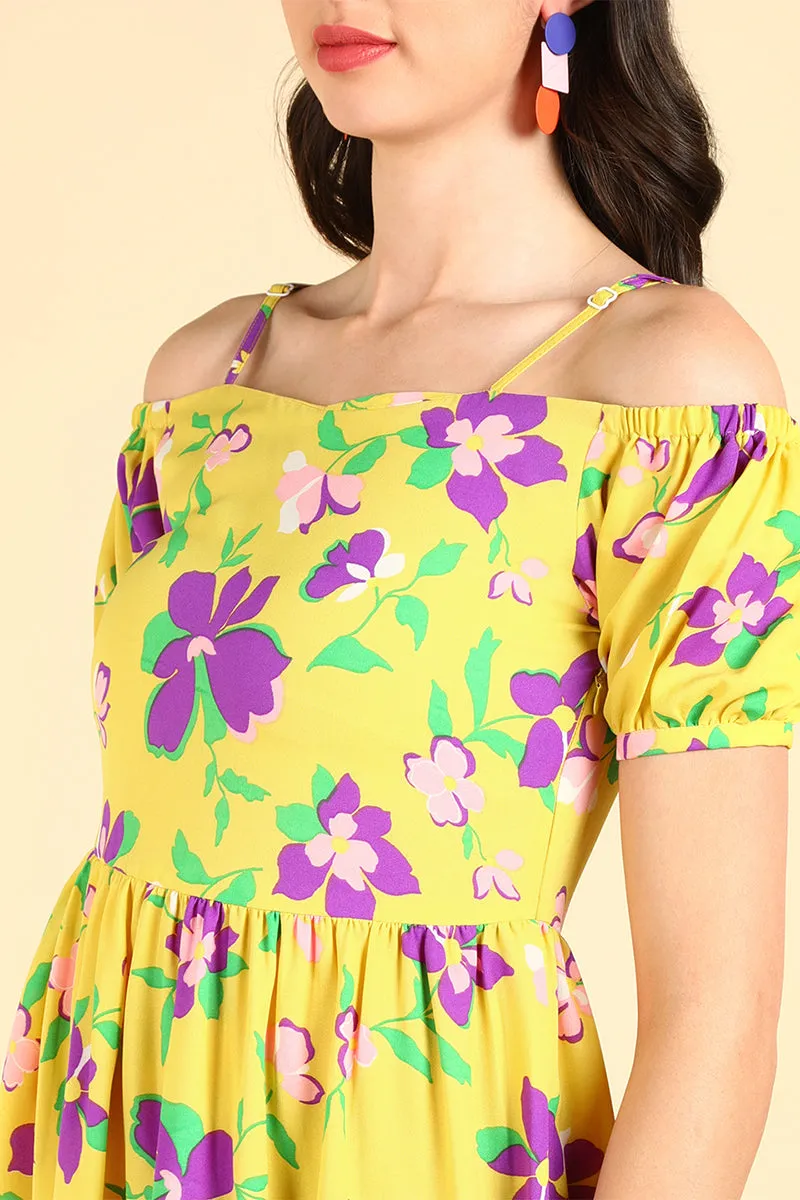 Yellow Georgette Floral Printed Midi Dress