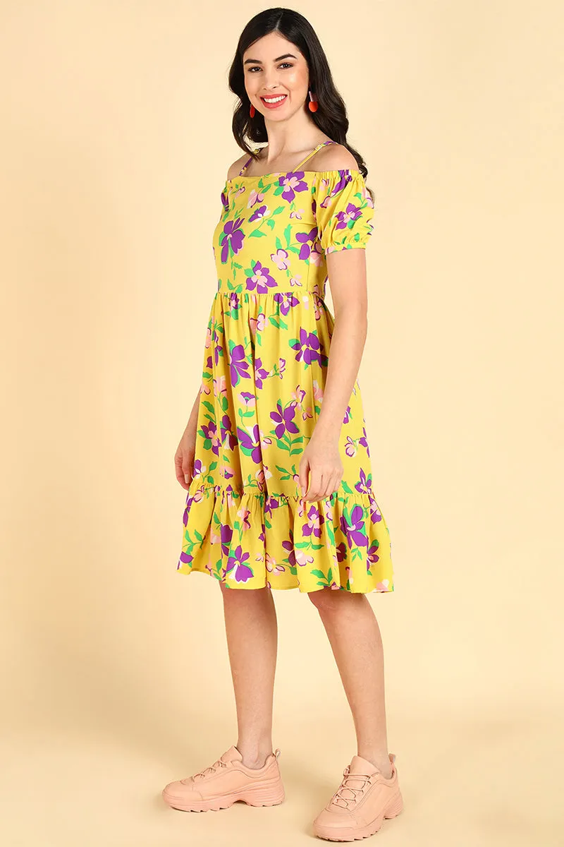 Yellow Georgette Floral Printed Midi Dress