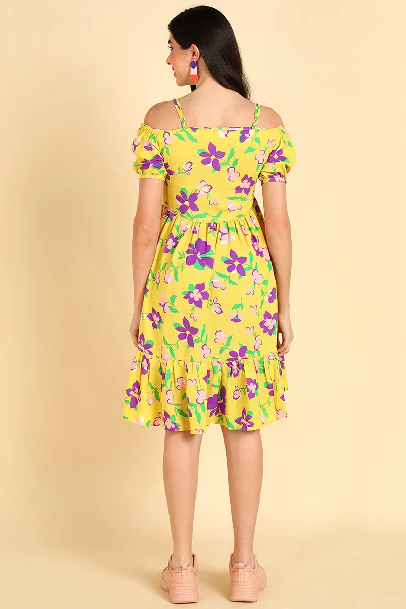 Yellow Georgette Floral Printed Midi Dress